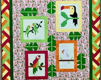 Patchwork Paradise Quilt Pattern PDF Descarga digital por Angela's DIY Designs - pájaro tropical, selva tropical, patrón de edredón de la selva