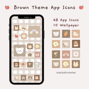 Puede incluir: Una pantalla de teléfono a cuadros marrones y blancos con 48 iconos de aplicaciones y 10 fondos de pantalla. Los iconos están en un patrón de cuadrícula y presentan lindas ilustraciones de osos, huevos, flores, arcoíris y otros objetos. El texto "48 App Icons 10 Wallpaper" está en la parte superior de la pantalla. El texto "@azizahcreates" está en la parte inferior de la pantalla.