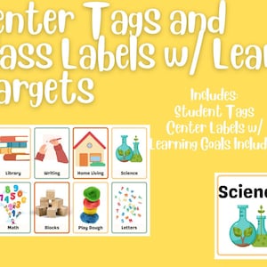 Learning Center Student Tags and Classroom Labels w/ Learning Goals Pre-K Kinder Neutral Theme Class Decor