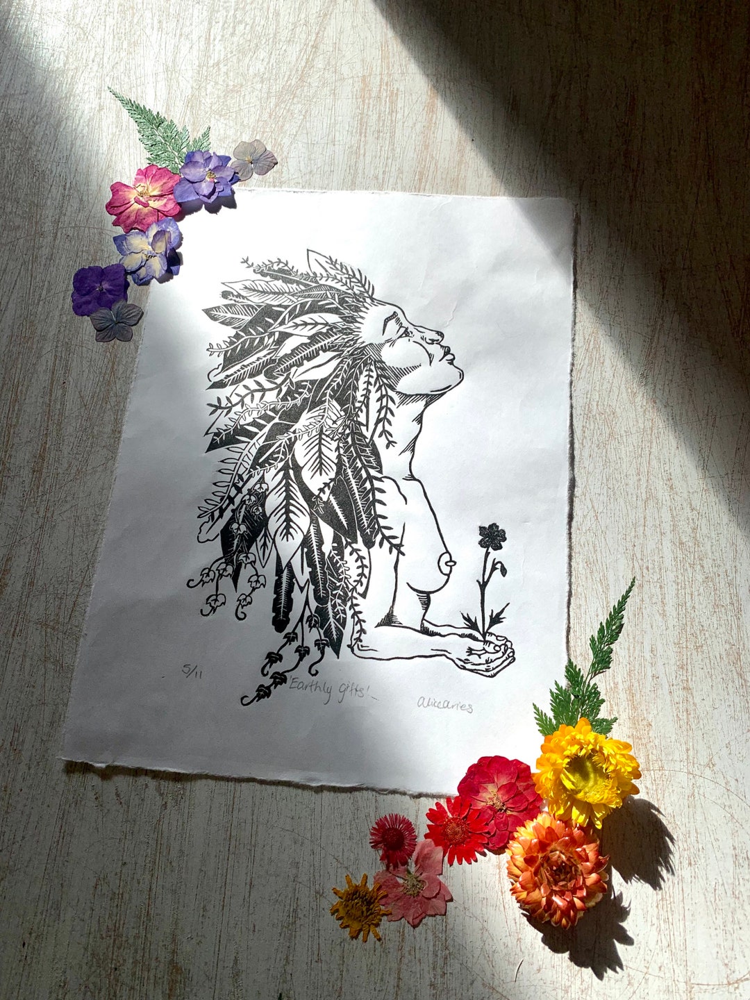 Nature Linocut Print Mother Nature Art Botanical Artwork Goddess Art ...