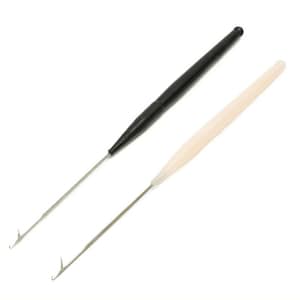 May include: Two needle threaders, one with a black handle and one with a white handle. Both have a metal needle.