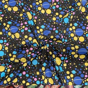 Galaxy Planets Universe Space Sky Spots Polycotton Fabric 45&#39;&#39; Wide Per Metre Blue/Yellow/Pink