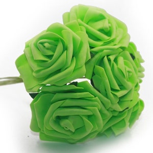 LIME GREEN 8CM Foam Roses Bunch of 6 Colourfast Artificial Wedding Bouquet Flowers Stems UK