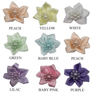 Peut inclure: Assortiment de dix fleurs en ruban de satin à cinq pointes avec des centres de perles dans différentes couleurs : pêche, jaune, blanc, vert, bleu bébé, lilas, rose bébé et violet.
