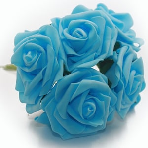 BABY BLUE 8CM Foam Roses Bunch of 6 Colourfast Artificial Wedding Bouquet Flowers Stems UK