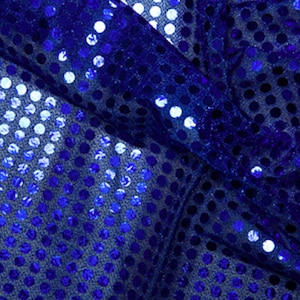 以下が含まれることがあります： ロイヤルブルーの生地に、水玉模様が施されています。水玉は、キラキラ光るスパンコールでできており、わずかに虹色に輝いています。