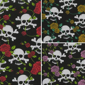 SKULL & ROSES Polycotton Fabric Material 45&#39;&#39; Wide Per Metre Fabric Sewing Craft