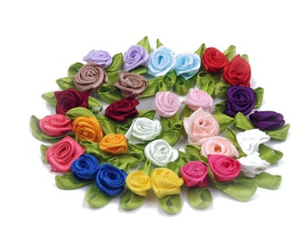 10 PK Small Mini Satin Ribbon Rose Buds Flowers Leaves Embellishment 1.5cm UK