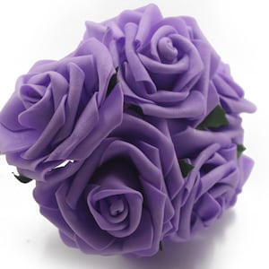 PURPLE 8CM Foam Roses Bunch of 6 Colourfast Artificial Wedding Bouquet Flowers Stems UK