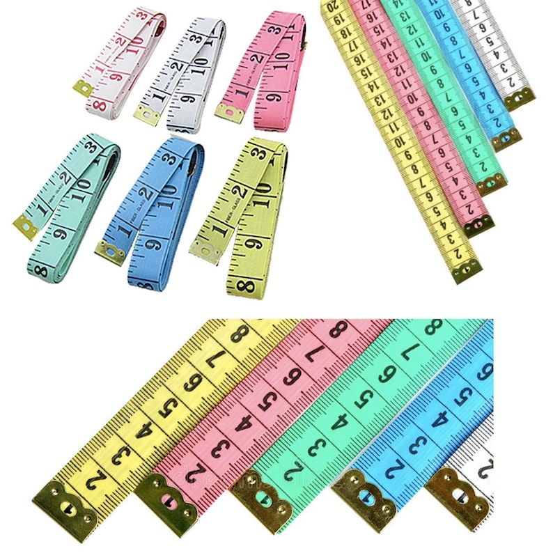 May include: Assortment of colorful measuring tapes with black numbers. The tapes are yellow, pink, light blue, and green. The tapes are all 60 inches long and have a metal end cap.