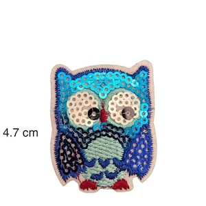 Puede incluir: Una aplicación de búho azul y verde con lentejuelas. El búho mide 3,8 cm de ancho y 4,7 cm de alto.