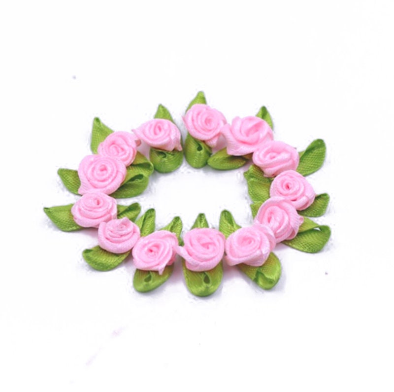 10 PK Small Mini Satin Ribbon Rose Buds Flowers Leaves Embellishment 1 ...