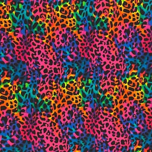 May include: A brightly coloured fabric with a leopard print design. The pattern displays black spots against a backdrop of vivid pink, blue, yellow, and orange shades, resulting in a striking and attention-grabbing textile.