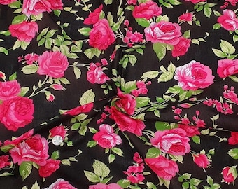 Roses Floral Flowers Polycotton Fabric Material 45'' Wide Per Metre Sewing Craft Black