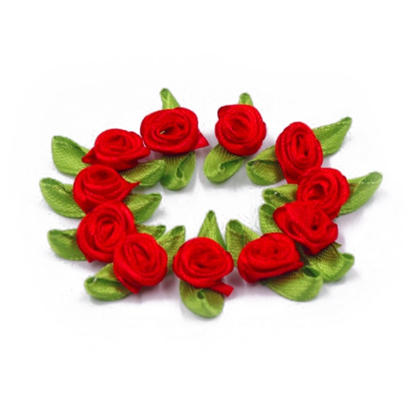 Silk Ribbon Mini Roses 10 PK Small Mini Satin Ribbon Rose Buds Flowers Leaves Embellishment 1 ...