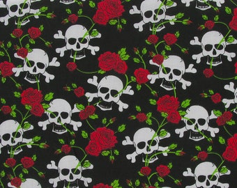 SKULL & ROSES Polycotton Fabric Material 45'' Wide Per Metre Fabric Sewing Craft RED