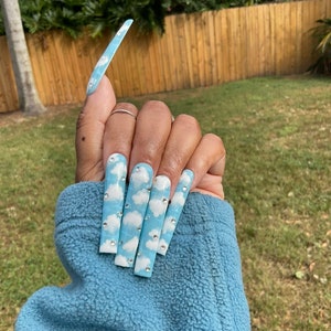 Blue Skies Press on Nails xxxl blue nails cloud nails bling nails tapered square nails summer nails