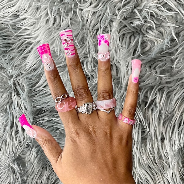 Pretty in pink white French tip duck bill tapered square press on nail baby junk press nails