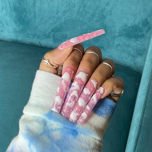 Pink Skies Press on Nails xxxl pink nails cloud nails bling nails tapered square acrylic nails summer nails