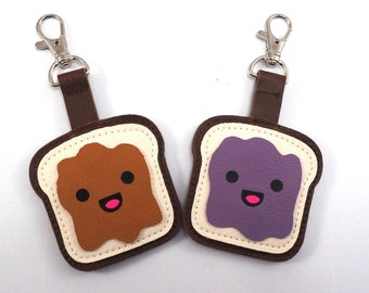Peanut Butter and Jelly Key Fob, Cute Two Sided PB&J Keychain, Fun Kawaii Food Bag Charm