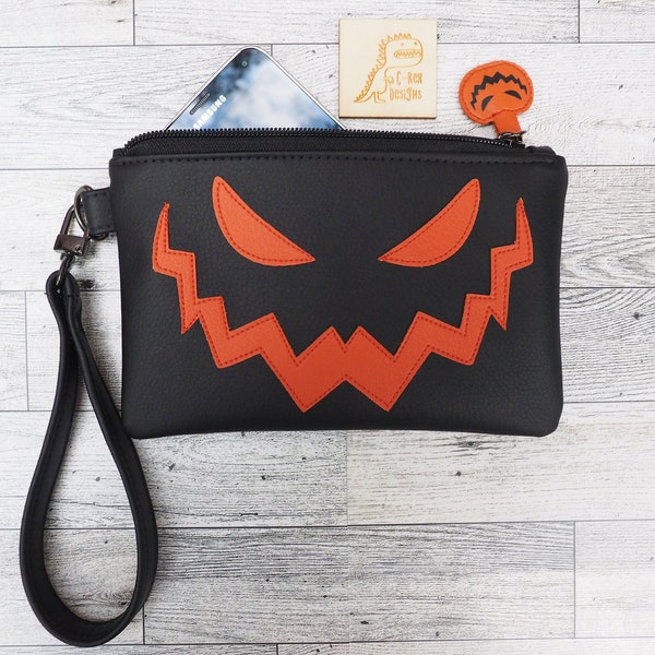 Black Pumpkin Wristlet, Spooky Halloween Cellphone Bag, Fun Handcrafted Scary Jack O' Lantern Purse