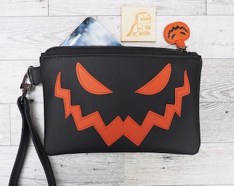 Black Pumpkin Wristlet, Spooky Halloween Cellphone Bag, Fun Handcrafted Scary Jack O' Lantern Purse