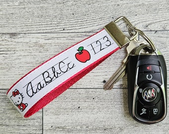 Teacher Lanyard Keychain, Kitty Apple Keyfob, School Teacher Gift, Teacher Appreciation Gift
