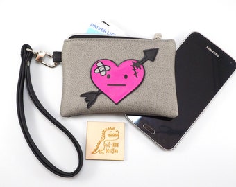 Broken Heart Mini Wristlet, Small Gray Valentine's Wallet, Cute Heart Zipper Pouch, BFF Breakup Gift, Galentine's Gift