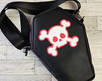Black Coffin Shaped Crossbody Bag with Hot Pink and White Skull Applique