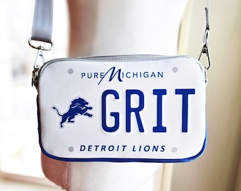 Lions Grit License Plate Crossbody Bag, Small Michigan Handbag, Honolulu Blue and Silver Purse
