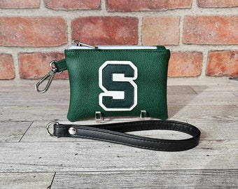 Michigan State Logo Mini Wristlet, Green and White Keychain Wallet, Spartan Coin Purse, Gift for Michigan State Fan