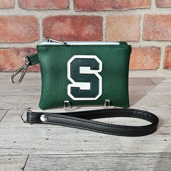 Michigan State Logo Mini Wristlet, Green and White Keychain Wallet, Spartan Coin Purse, Gift for Michigan State Fan