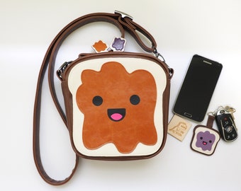 Peanut Butter and Jelly Crossbody Bag, Cute Kawaii Face PB&J Cross Body Purse, Fun Novelty Purse