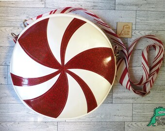 Peppermint Round Crossbody Purse, Holiday Novelty Purse, Fun Christmas Circle Cross Body, 9 inch Round Candy Cane Handbag