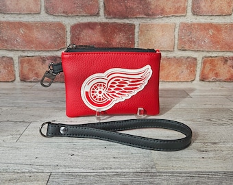 Detroit Red Wings Mini Wristlet, Gift for Detroit Hockey Fan, Sports Logo Coin Purse, Red Black and White Keychain Wallet