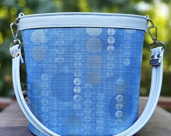 Blue Bubbles Purse with Shark Lining, Small Bucket Bag with Recessed Zipper Closure, Shoulder Bag with Crossbody Strap