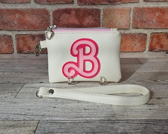 Doll Logo Mini Wristlet, Doll Movie Initial Logo Keychain Wallet, Pink and White Coin Purse