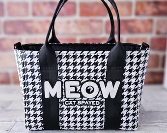 Black and White Cat Themed Purse, Funny Designer Spoof Handbag, Small Houndstooth Tote Style Bag with Crossbody Strap