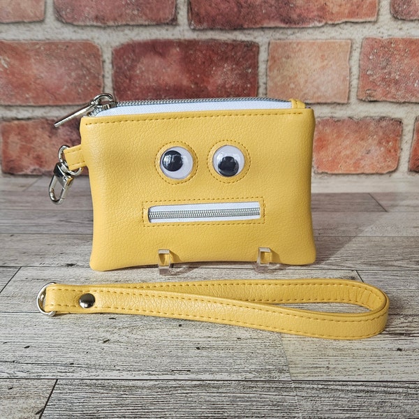 Yellow Googly Eyes Mini Wristlet, Funny Face Mini Wallet, Cute Coin Purse, Small Keychain Wallet, Fun Gift for Her, Unique Novelty Bag