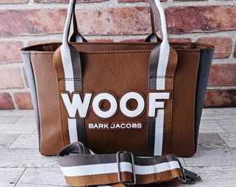 WOOF Dog Themed Purse, Funny Designer Spoof Handbag, Small Brown Tote Style Bag with Crossbody Strap