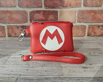 Video Game Plumber Mini Wristlet, Cute Keychain Wallet, Gift for Gamer, Red and White Coin Purse