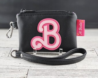 Black Doll Logo Mini Wristlet, Doll Movie Initial Logo Keychain Wallet, Black and Pink Coin Purse