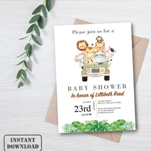 May include: A baby shower invitation with a green safari jeep carrying a group of jungle animals. The text reads "Please join us for a Baby Shower in honor of Lillibeth Reed. October 23rd at 2:00 PM. 123 Any Street, Any City, Any State, 12345. RSVP with Jenni Graham at 123-456-7890 or jenni@anyemail.com"