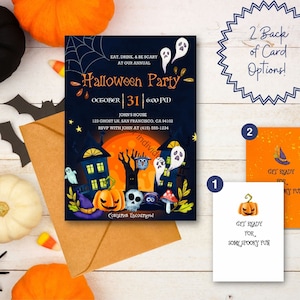 May include: A Halloween party invitation with a dark blue background, featuring a spooky illustration of a haunted house, pumpkins, and ghosts. The invitation includes the date, time, and location. Two back-of-card options are shown.