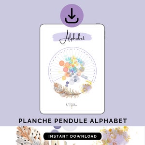 May include: A digital download of an alphabet pendulum board. The design features a semi-circular alphabet layout with colorful abstract shapes. The word "Alphabet" is written in cursive, and the phrase "Instant Download" is also visible.