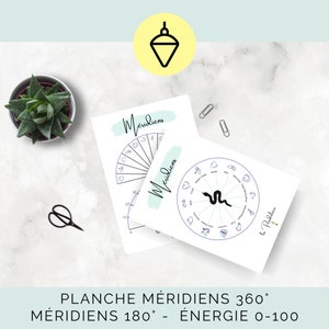May include: Two white cards with the word "Méridiens" in a teal script are displayed. One card features a circular diagram with a snake illustration, while the other has a graph. The text "PLANCHE MÉRIDIENS 360°" is visible.