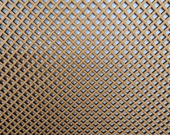May include: A close-up of a brown wood lattice with a diamond pattern. The lattice is made of thin strips of wood that are woven together to create a grid.