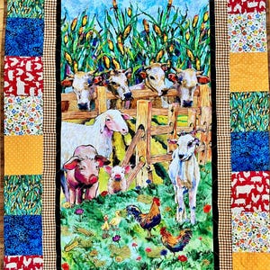 May include: A rectangular quilt featuring a central panel of farm animals including cows, a sheep, a pig, a piglet, a goat, and two roosters in a cornfield. The border consists of a brown checkered pattern and colorful patchwork squares.