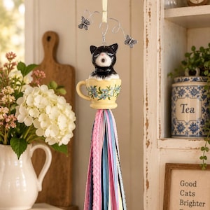 Tea for Tabitha  | Handmade Cat Tassel | Vintage Teacup Kitty | Cottagecore Hanging Decor | Whimsical Cat Lover Gift | KMS Quilts