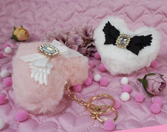 Faux Fur Heart Charm with Angel Wings & Rhinestone Gem Kawaii Jiraikei